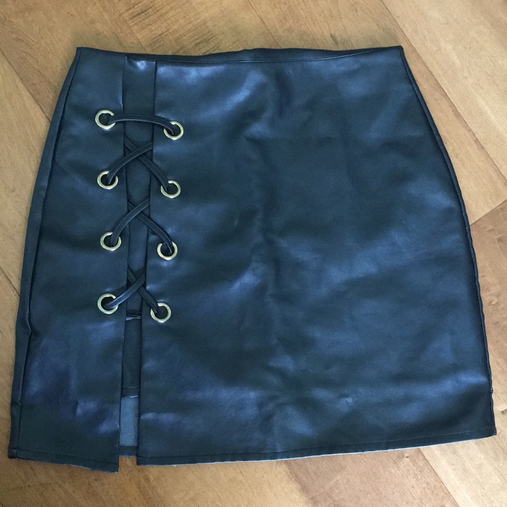 High Waisted Black Leather Skirt